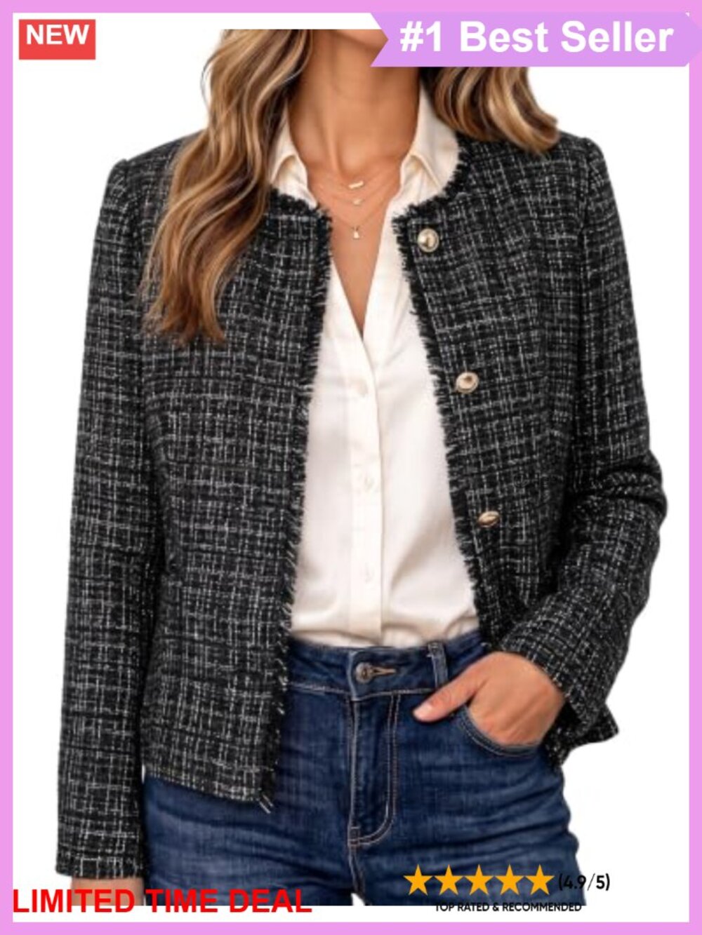 Plaid Tweed Collarless Blazer Long Sleeve Button Work Jacket